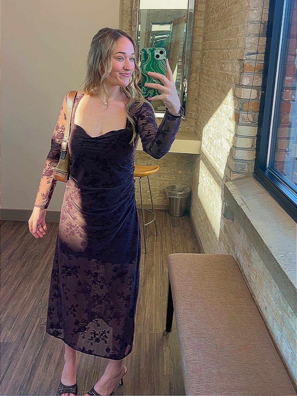 Bra-Free Long-Sleeve Mesh Maxi Dress-Rich Brown